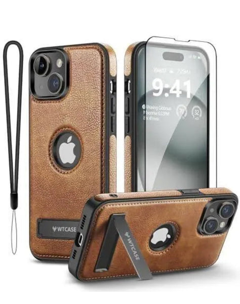 iPhone 15 15 plus 15 pro 15 pro max case kickstand leather brown back cover case