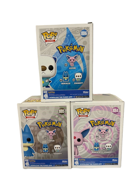 Pokemon Funko Pops 884 Espeon, 885 Munchkax, 886 Oshawatt 